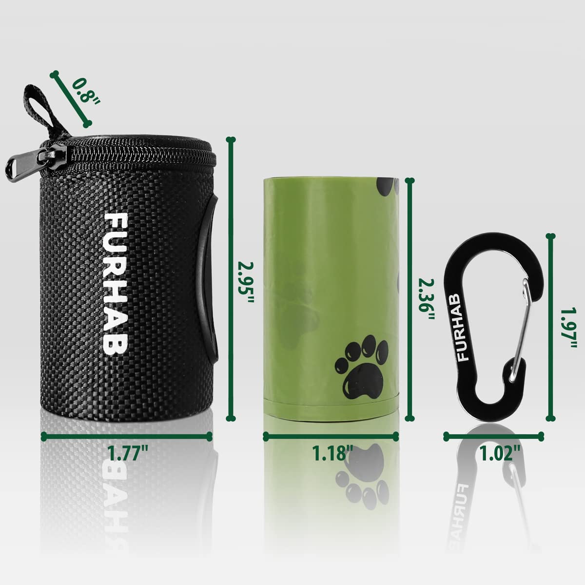 FURHAB Dog Poop Bag Holder for Leash Doggie Waste Bag Dispenser Soft Fabric Puppy Potty Carrier Small Doggy Zipper Pouch with Carabiner Clip with 1 Roll of Pet Trash Bags, Black