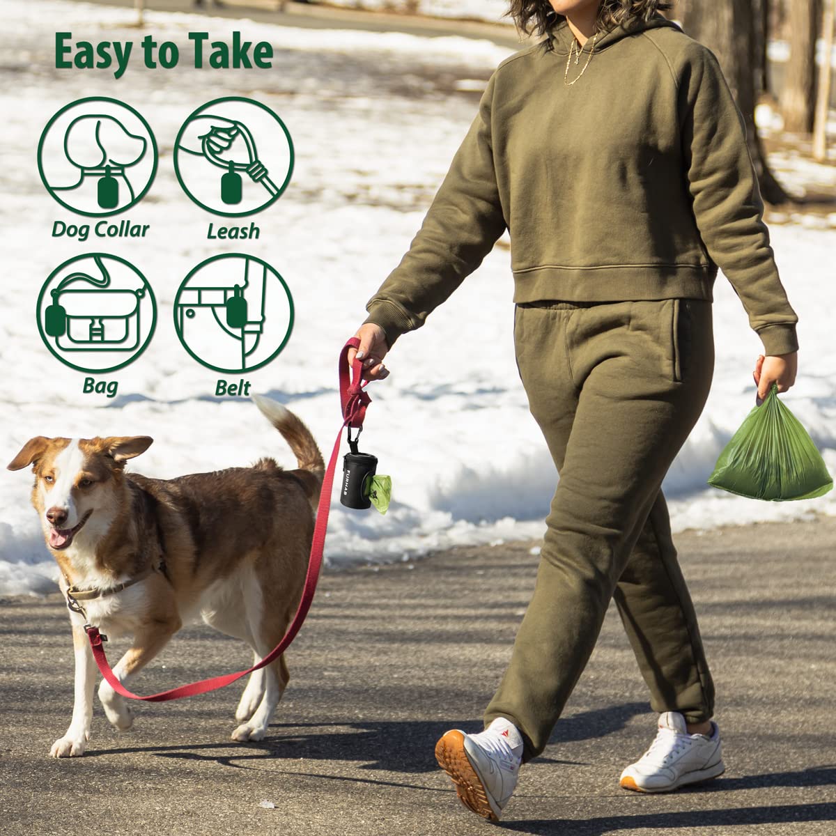 FURHAB Dog Poop Bag Holder for Leash Doggie Waste Bag Dispenser Soft Fabric Puppy Potty Carrier Small Doggy Zipper Pouch with Carabiner Clip with 1 Roll of Pet Trash Bags, Black