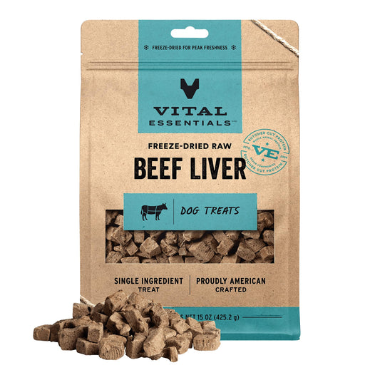 Vital Essentials Single Ingredient Beef Liver Dog Treats, 15 oz | Freeze-Dried Raw | Premium Quality High Protein Training Treats | Grain Free, Gluten Free, Filler Free